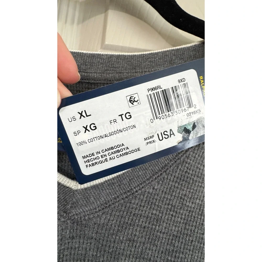 Polo Ralph Lauren Thermal Shirt Men XL Gray V-Neck Waffle Knit Pony Logo NEW
